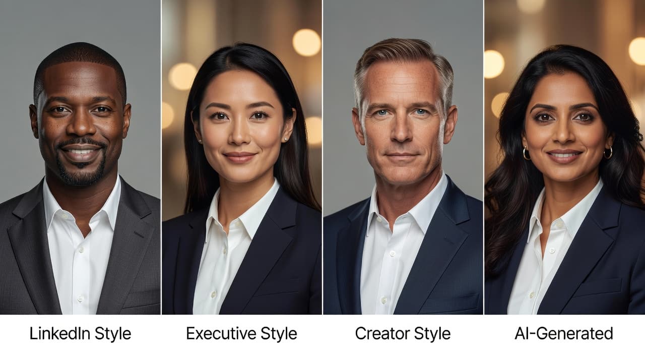 Grid of professional AI headshots generated by the best AI headshot generator app, showing corporate, LinkedIn, and creator styles